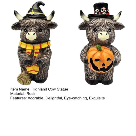 2 Pcs Highland Cow Figurine Autumn Pumpkin Maple Highland Cow Statue Resin Scottish