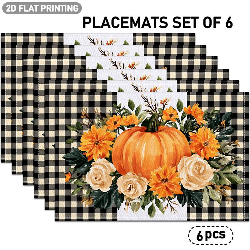 4/6pcs Set of Placemats Featuring Black and White Check, Orange Pumpkin, Yellow Flower, and White Rose Patterns. Suitable for Autumn Holiday Decor, Ki