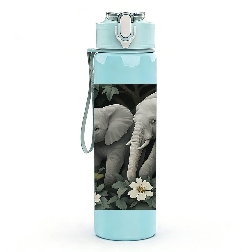 1PC Two Wild Elephant Watercolor Bust 750ml Color Plastic Sports Water Bottle Leakproof Flip Straw Lid For Sports Office Home Use