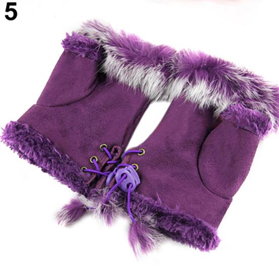Women's Winter Faux Rabbit Fur Faux Leather Fingerless Mittens Wrist Gloves