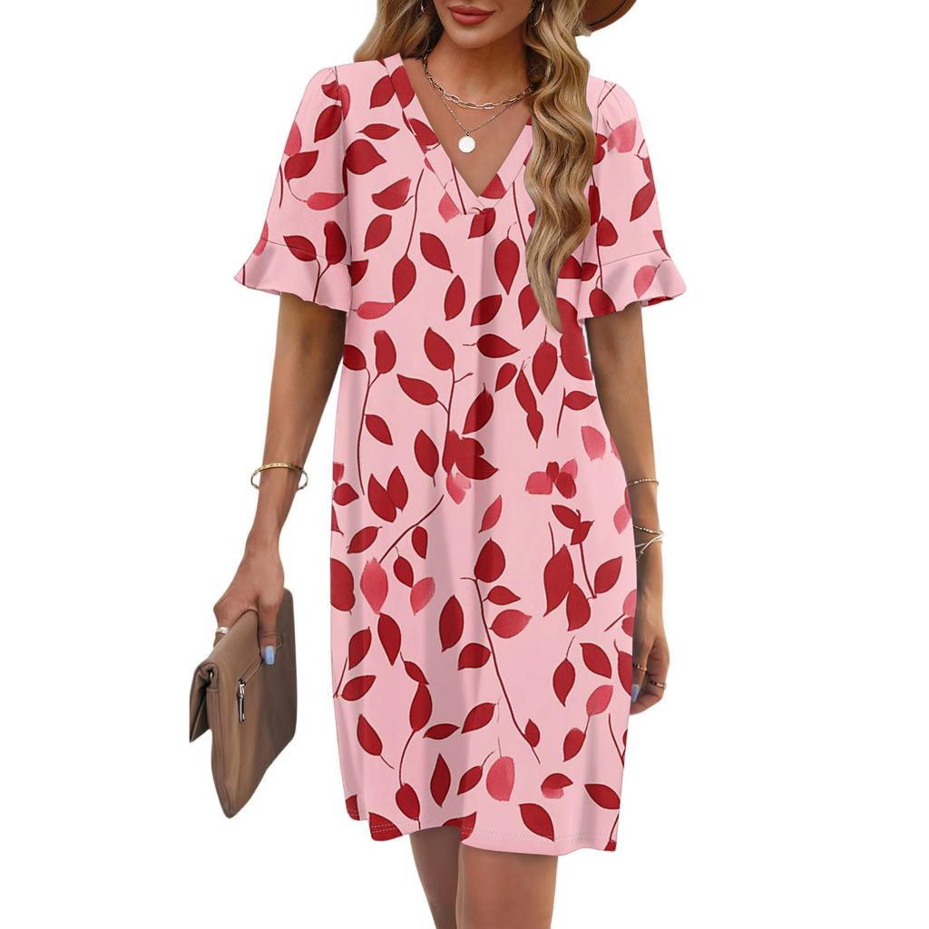 Women's Summer Floral Print Dress Pleated Short Sleeve V-Neck Pocket Casual Dress