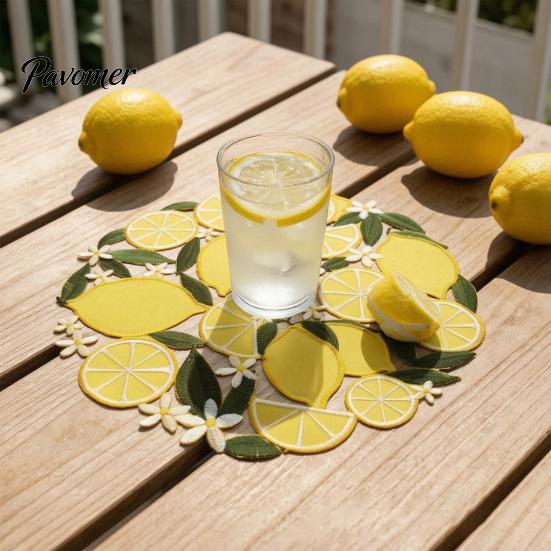 Tabletop Scratch Protector Pads Lemon Lace Placemat, Clear Embroidery Style Table Mat with Citrus Fruit Decorative Dining Placemats Leaf Design,