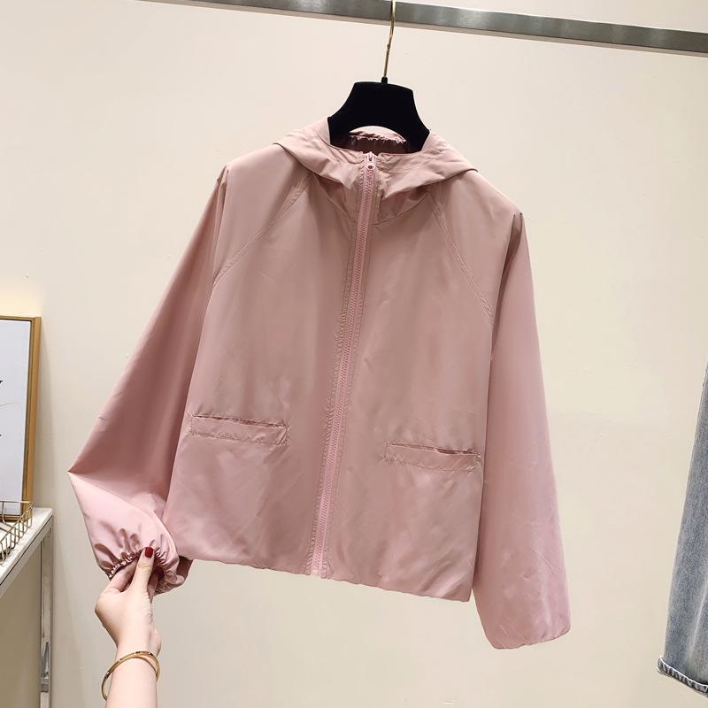 Hooded Short Sports Jacket Women's Casual Loose Solid Colour Zip Punching Jacket Spring and Summer Versatile Sunscreen Jacket
