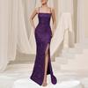 Women's Sparkly Sequin Long Formal Dress Square Neck Backless Split Mermaid Prom Dress Spaghetti Strap Evening Party Gown