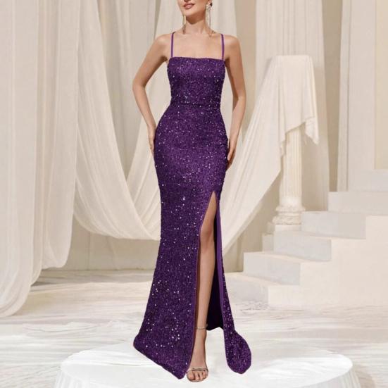 Women's Sparkly Sequin Long Formal Dress Square Neck Backless Split Mermaid Prom Dress Spaghetti Strap Evening Party Gown
