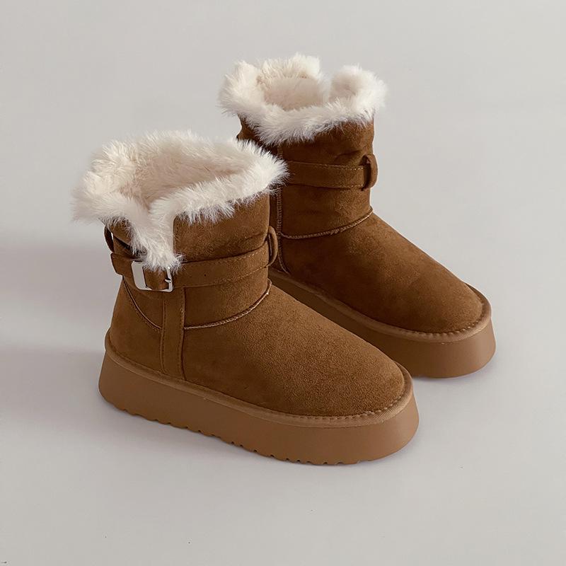 Retro Style Belt Buckle Flat-bottomed Snow Boots Women's Winter Fashion Korean Version Simple Suede Velvet Outer Wear Warm Cotton Shoes