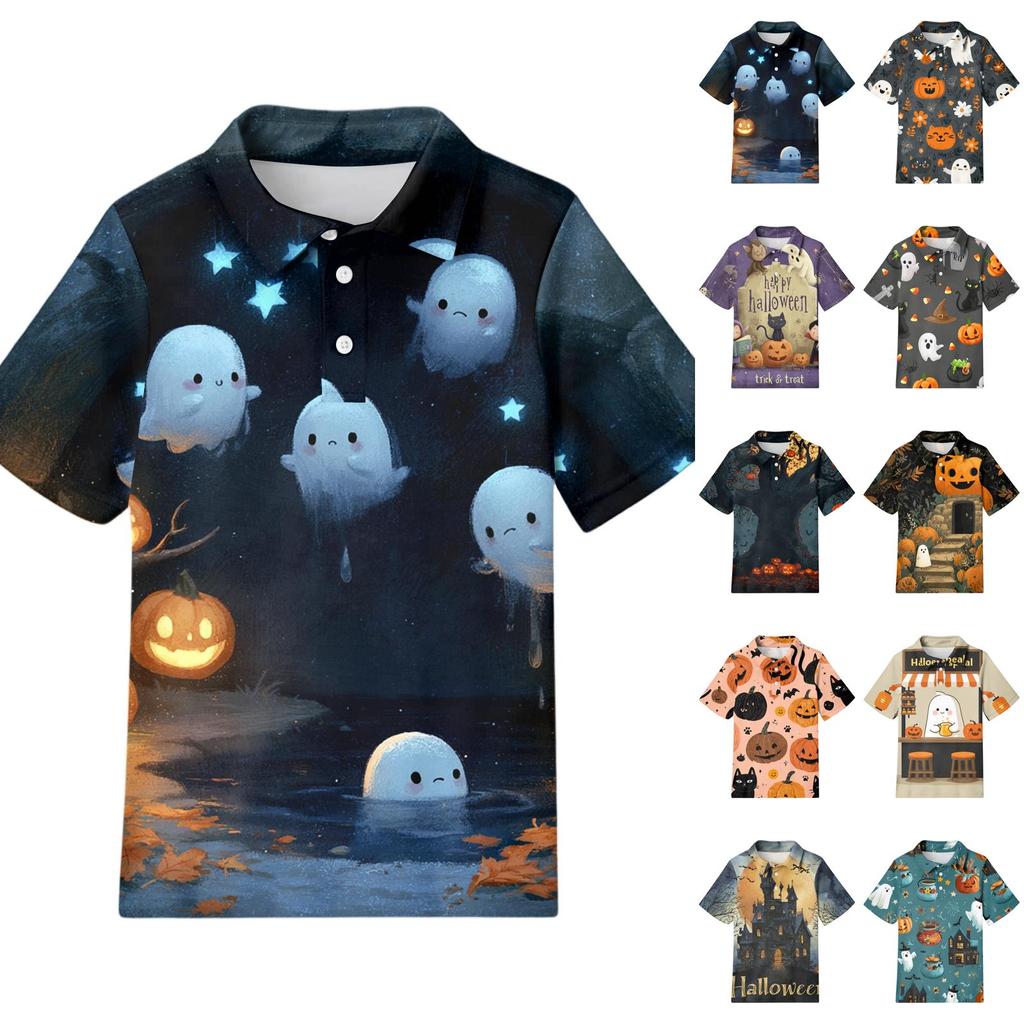 Kids Halloween Print Polo Shirt Short Sleeve Casual Tee Top with Button Collar for Boys Girls Comfortable Fit