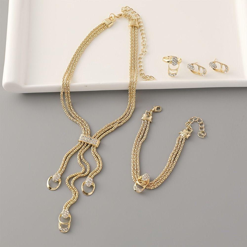 5Pcs Earrings Rhinestone Jewelry Suit Geometric Bracelet Chain Set Tassel Necklace Suit  Party