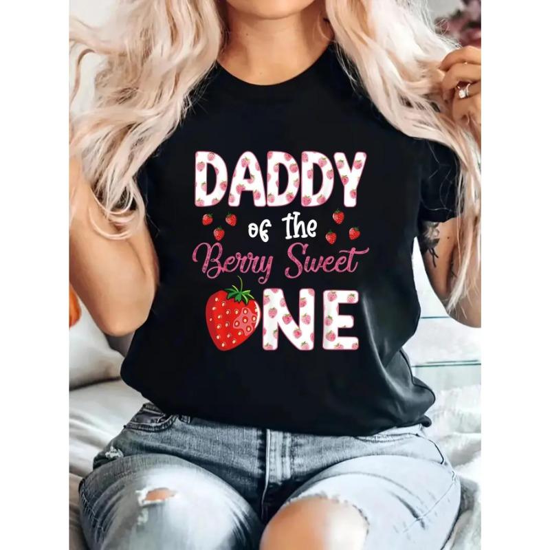 

European sizes Women s Daddy of the Berry Sweet One Strawberry First Birthday T-Shirt - Breathable Top with Playful Letter & Fruit Applique Design, S чёрный