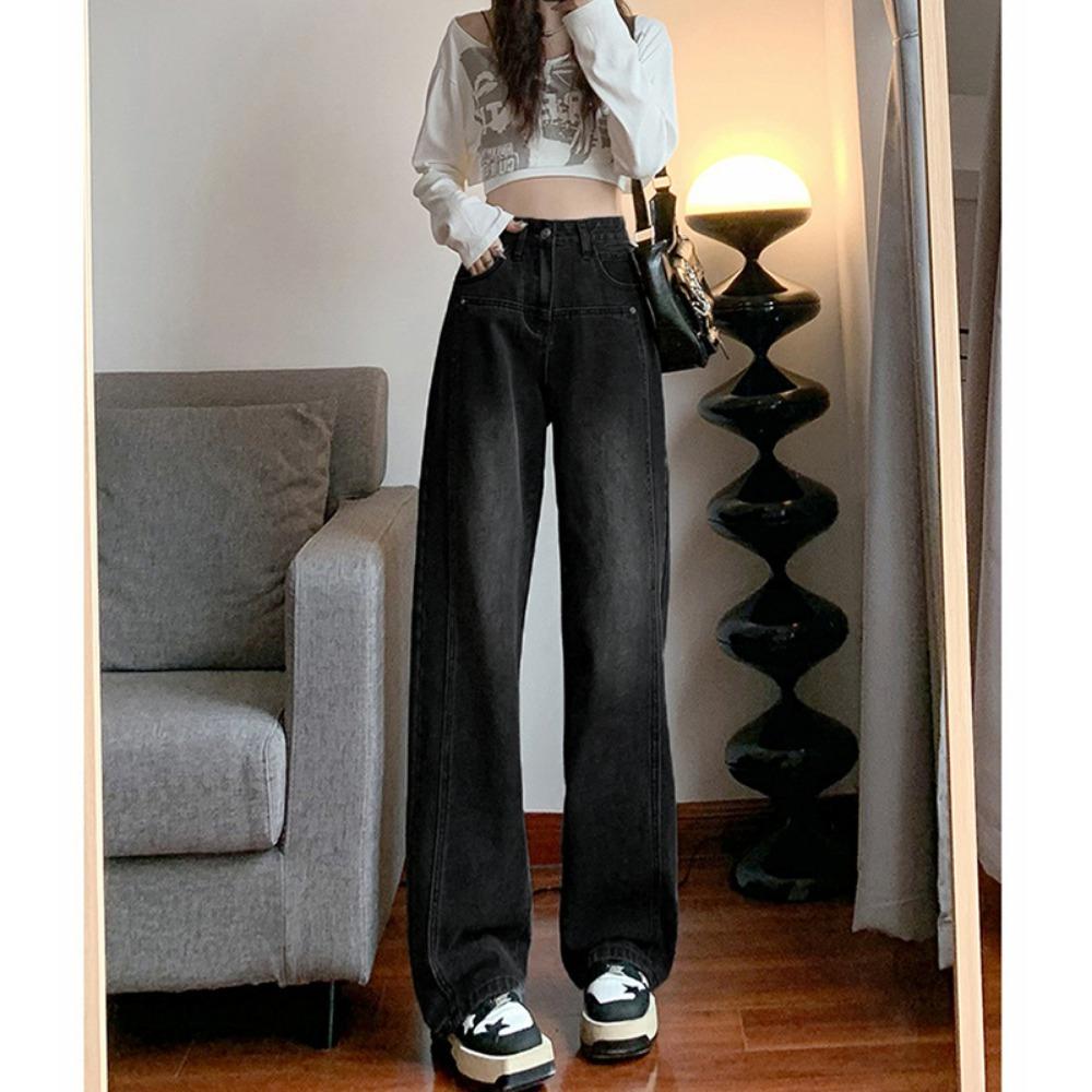 Fashion niche meat-covering straight jeans women's spring and autumn new high-waisted loose and thin wide-leg pants