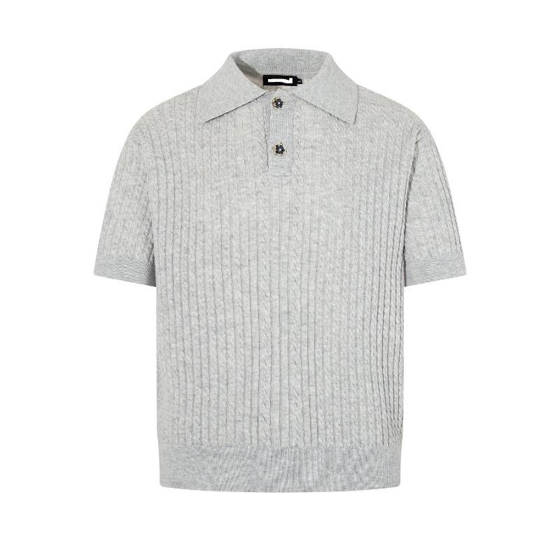 Men s Light Gray Cable Knit Short Sleeve Polo Shirt M серый