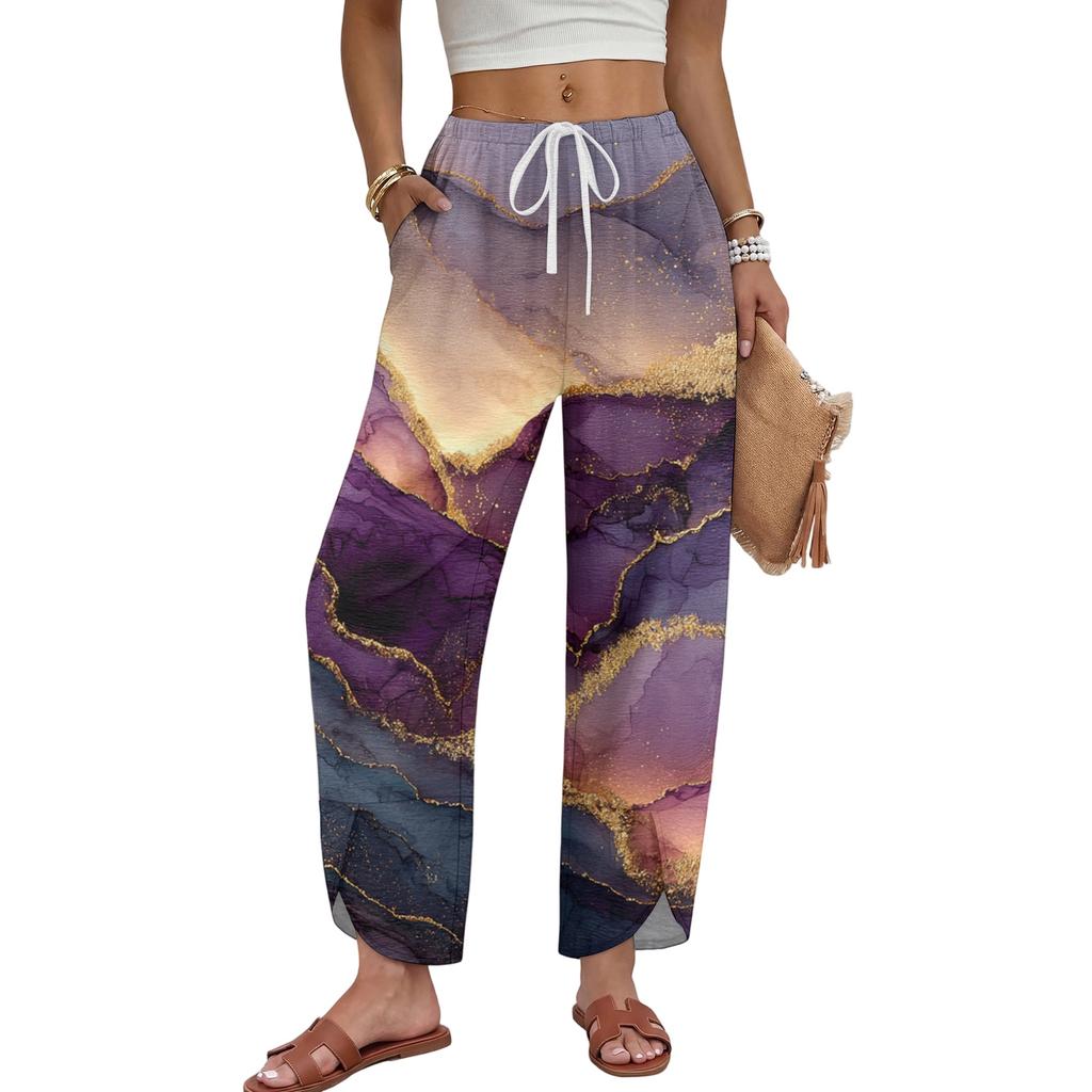 Women Casual Wide Leg Pants Marble Print Loose Fit Drawstring Waist Straight Leg Trousers Comfortable Lightweight Fabric