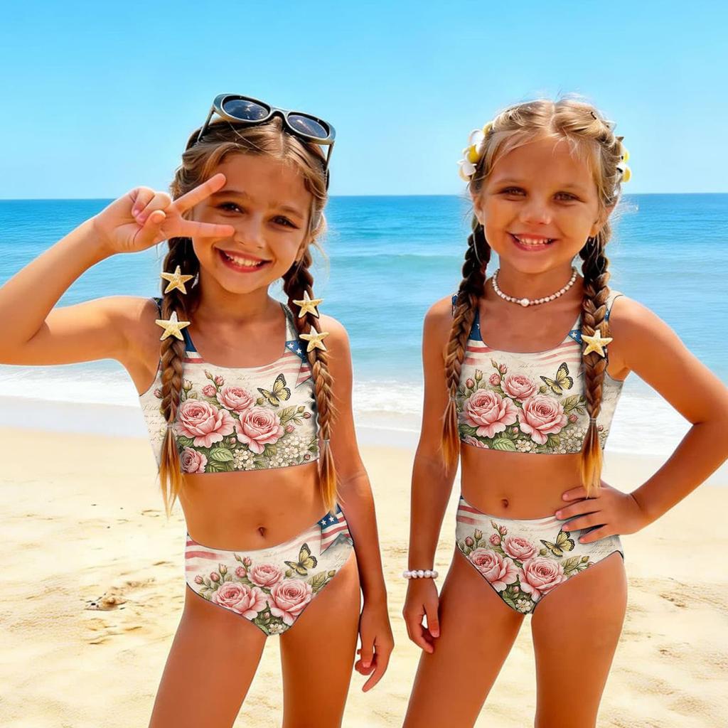 Girls Two Piece Swimsuit Set Summer Tankini Top and High Waist Bottoms Floral Print Lightweight Swimwear for Kids Beach Pool