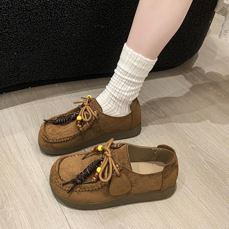 Fashion Retro Women Nubuck Leather Casual Flat Shoes Leather Single Shoe Ladies Walking Chaussure Femme Women's Loafers Zapatos De Mujer
