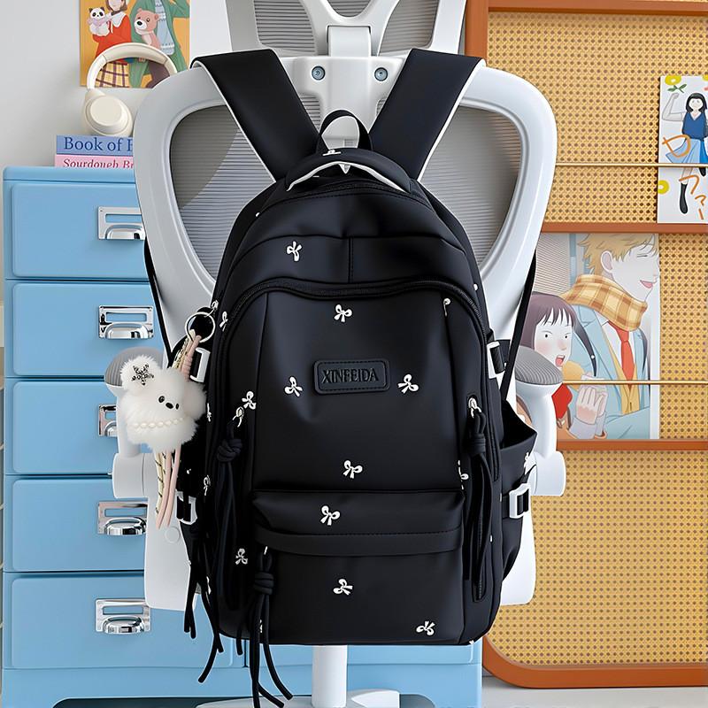 Girls School Backpack With Solid Color And Bow Embroidery Design For Middle School