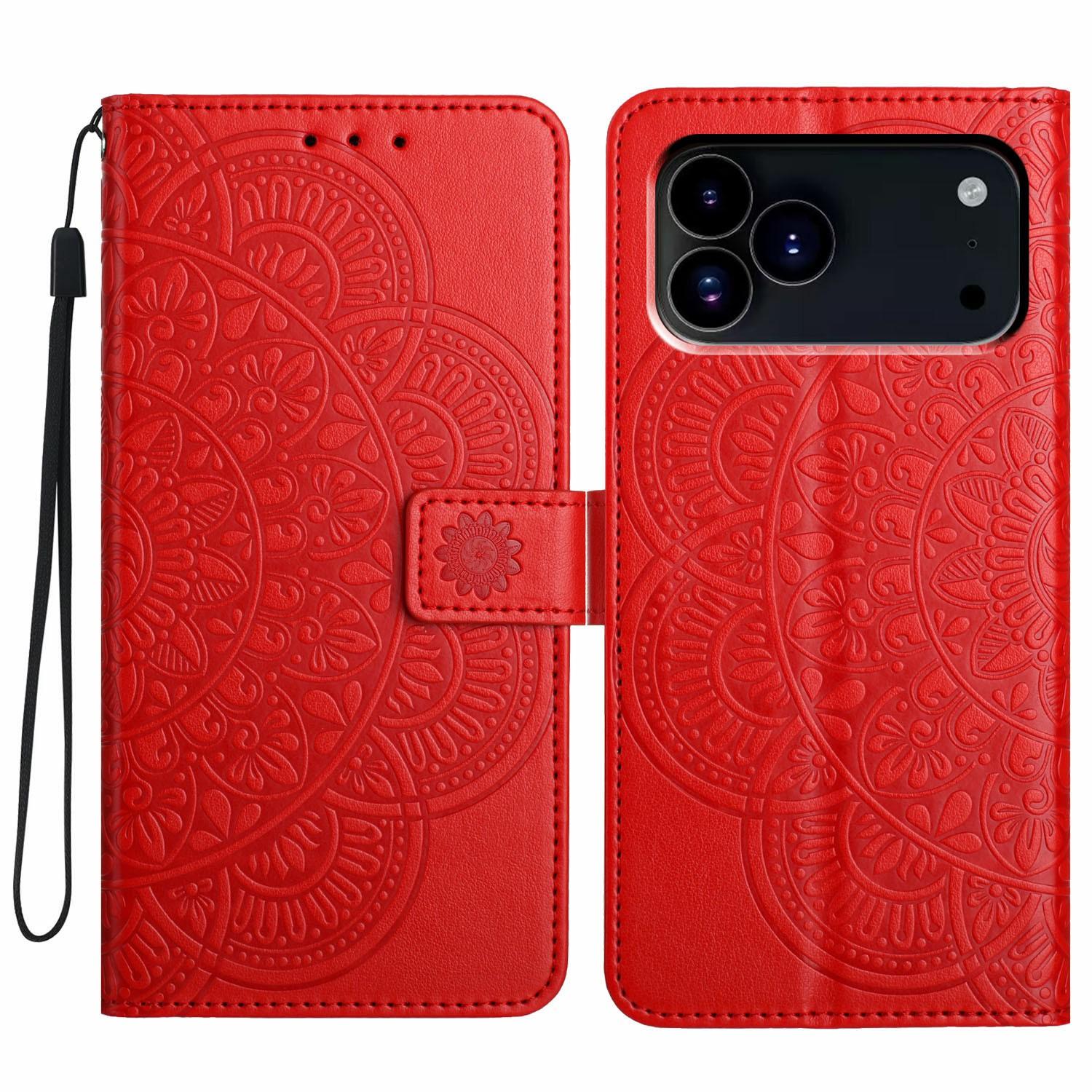 

For iPhone 17 Pro Leather Case with Card Slots Mandala Pattern Phone Cover Stand Red