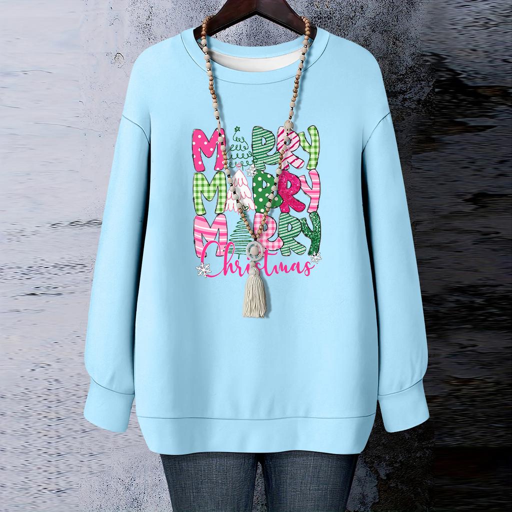 Damen Weihnachts-Print Rundhals Langarm T-Shirt Sweatshirt Oberteil