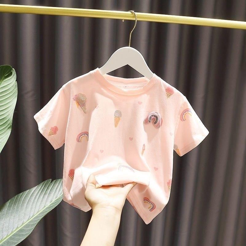 

Летняя тонкая футболка с коротким рукавом для девочек, милые топы с круглым вырезом для детей среднего и маленького возраста 90