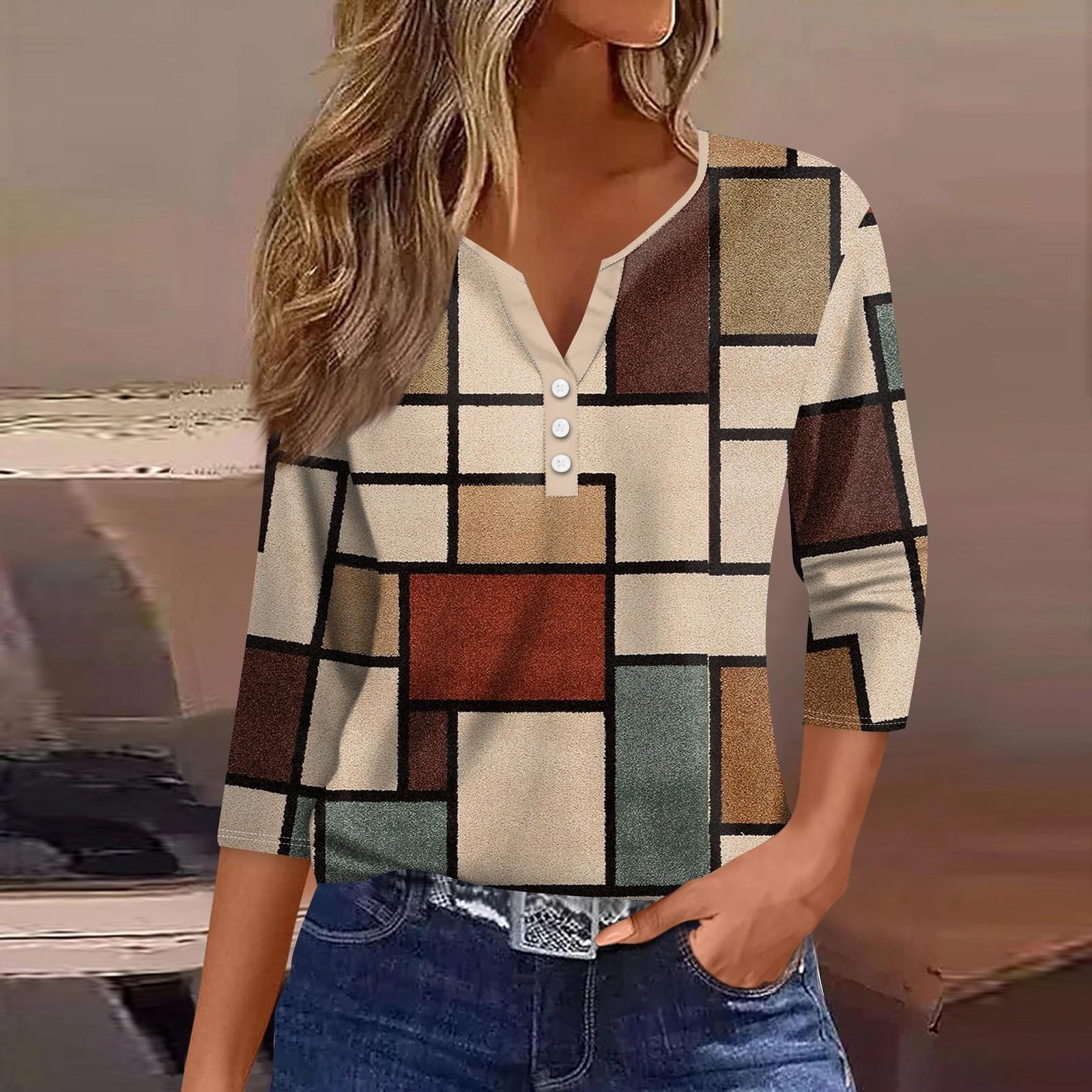 

Женские топы с рукавами 3/4 и цветочным принтом, винтажные модные повседневные свободные рубашки с v-образным вырезом, рубашки больших размеров S хаки