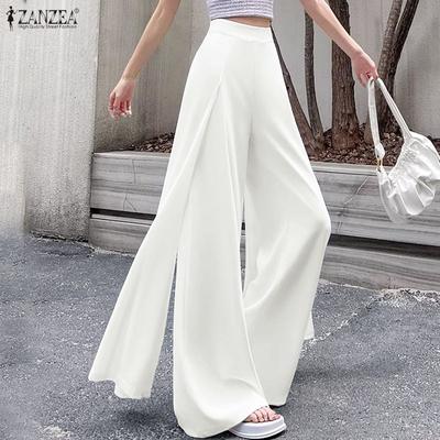 Womens Casual Solid Color Loose Chiffon Splice Wide Leg Pants
