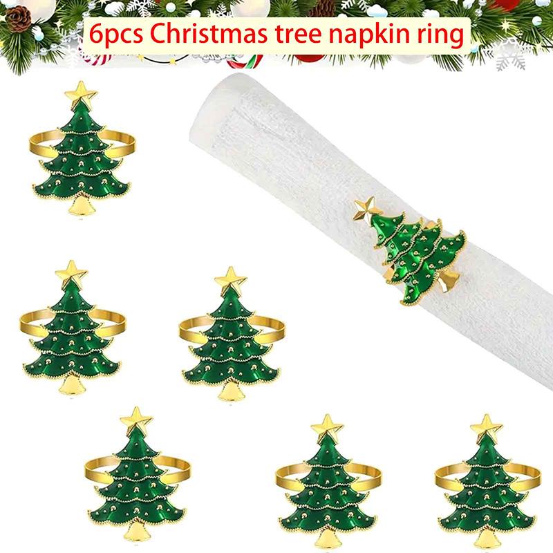 6Pcs Christmas Napkin Rings Xmas Tree Ornaments Christmas Home Kitchen Dinner Table Decoration New Year Party Supplies