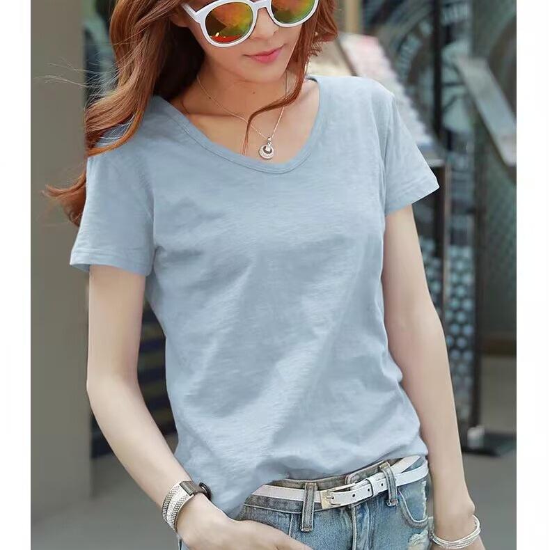 Bamboo cotton T-shirt women's loose solid color orange V-neck top short-sleeved women's summer new solid color bottoming shirt