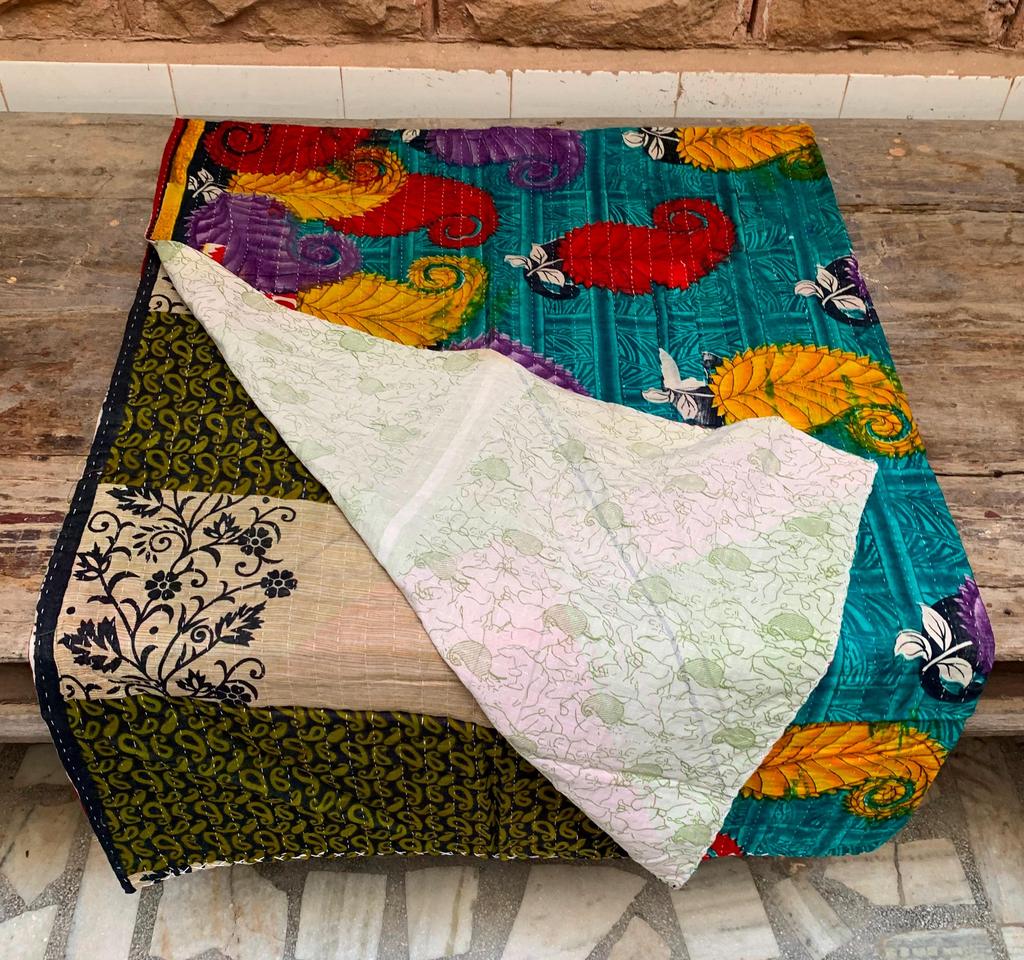 Vintage Kantha Quilt: Handmade Indian Patchwork Throw Blanket, Colorful Blue Ethnic Throw