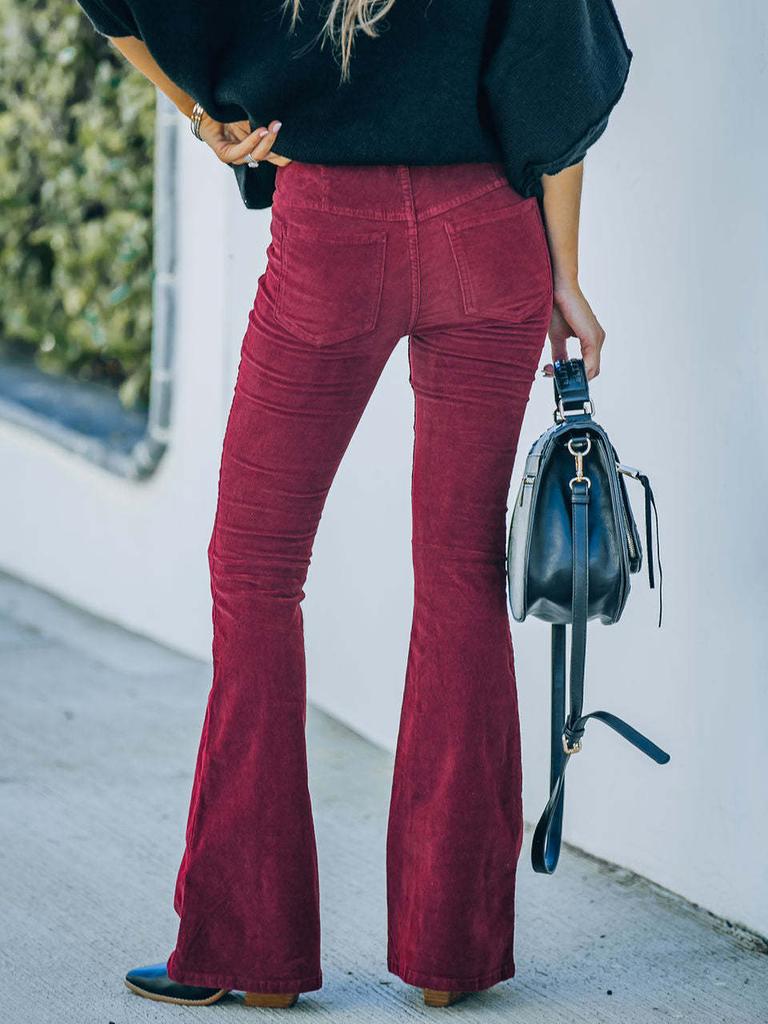 Spring Summer Women's Solid Color High Waist Slim Fit Flared Trousers Velvet Waist Casual Pants