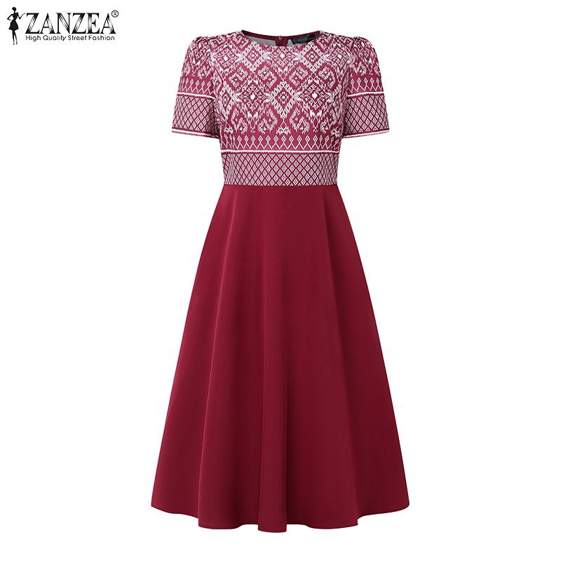 ZANZEA Ethnic Print Patchwork Casual Round Neck Short Sleeve Women Dress