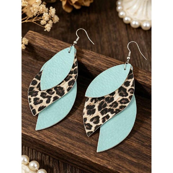 1 Pair Vintage Western Style Colorblock Mint Green Leopard Print Multi-Layer Leaf PU Leather S-Shaped Earrings