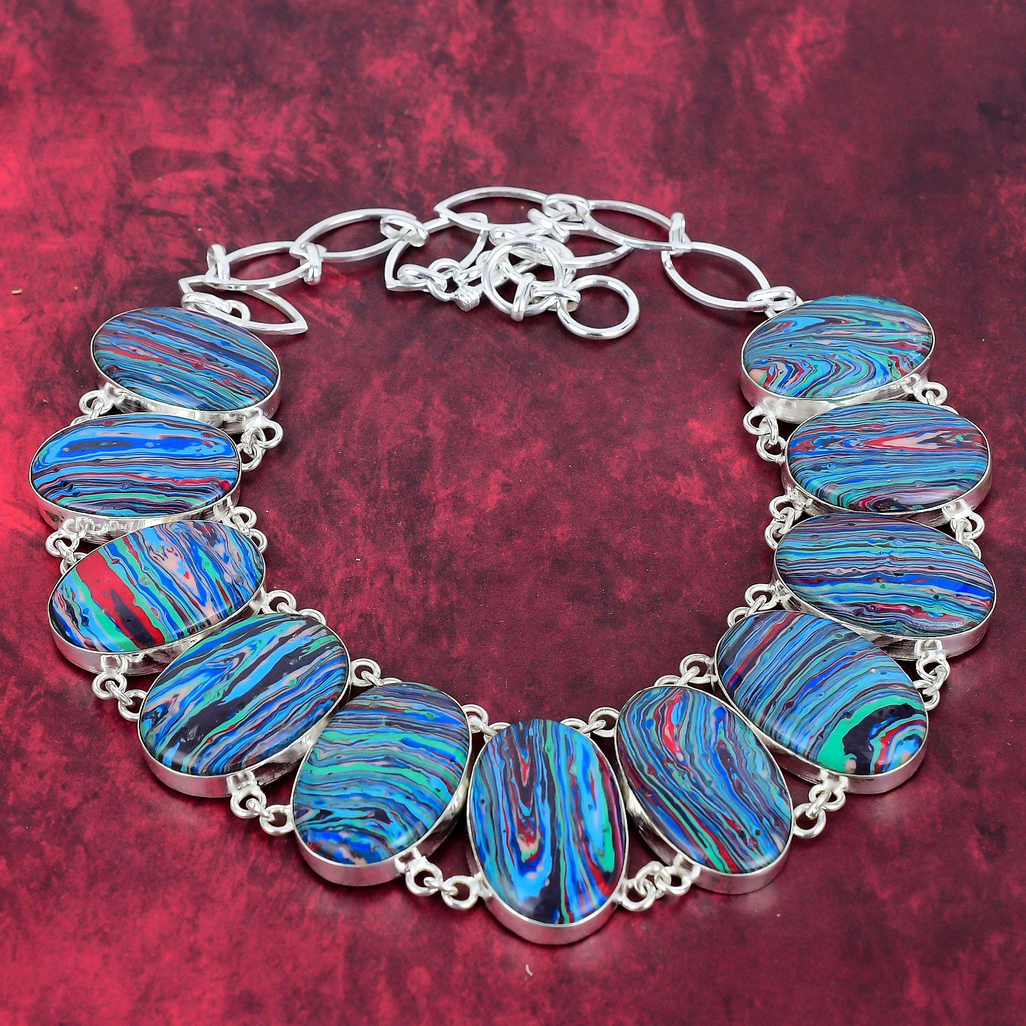 

Ожерелье из стерлингового серебра 925 пробы Rainbow Calsilica с регулируемой цепочкой, ювелирное ожерелье ручной работы с драгоценными камнями, подарок для жены Adjustable with 18 inches синий