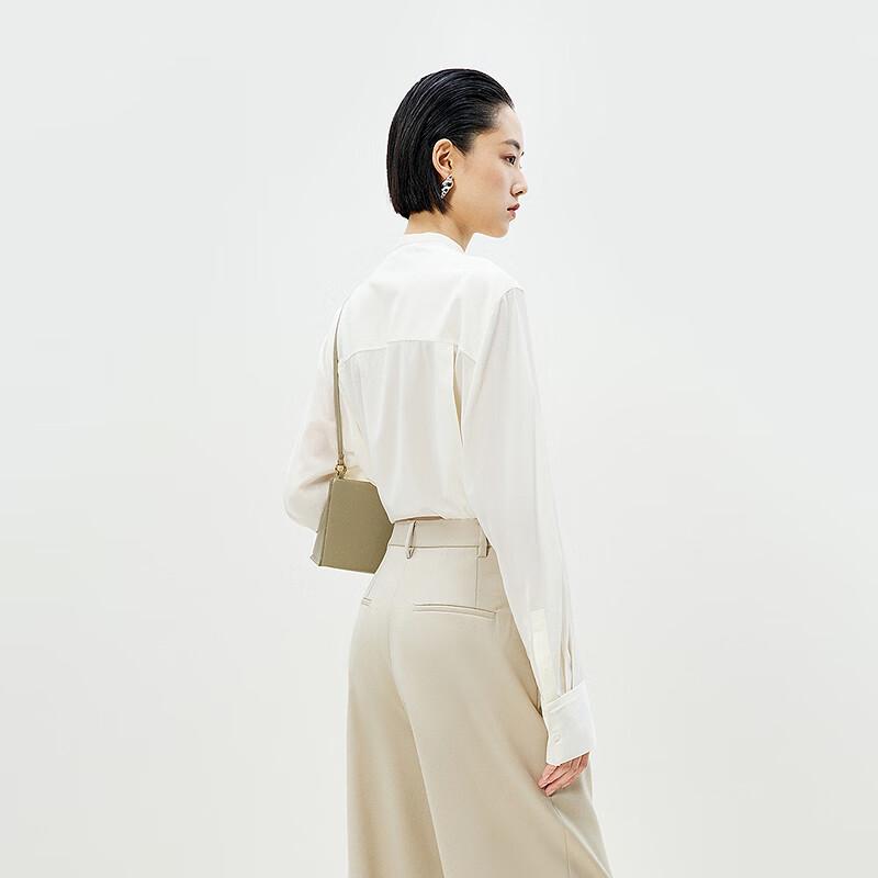 LESS 2025 Spring Loose-Fit Long Sleeve Stand-Collar Silk Blend Shirt