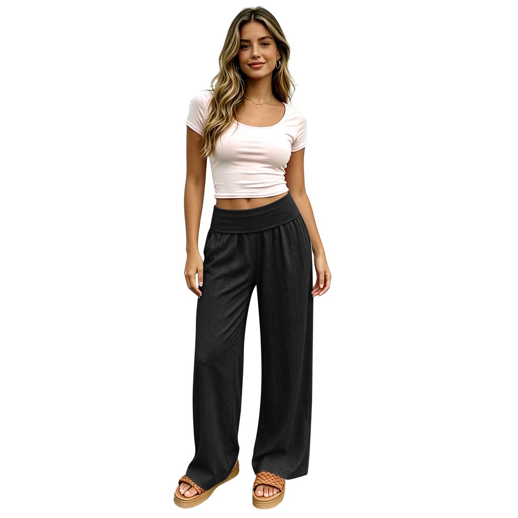 Women Loose Fit Wide Leg Pants Casual Cotton Linen High Elastic Waist Long Trousers with Pockets for Everyday Wear