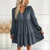 Women's Fashionable Solid Color Long Sleeved V-neck Pleated Casual Loose Dress
