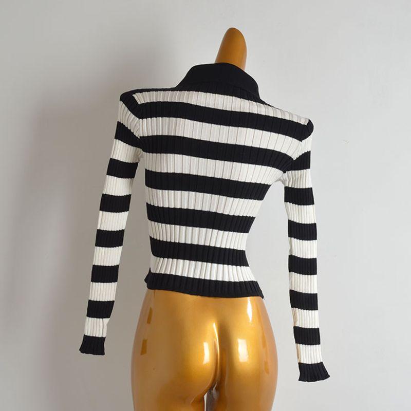 Spring & Fall New Arrival Vintage Stripe Turtleneck Double Zipper Knitting Cardigan Women's Clothes Silm Slimming and Short Sweater Top