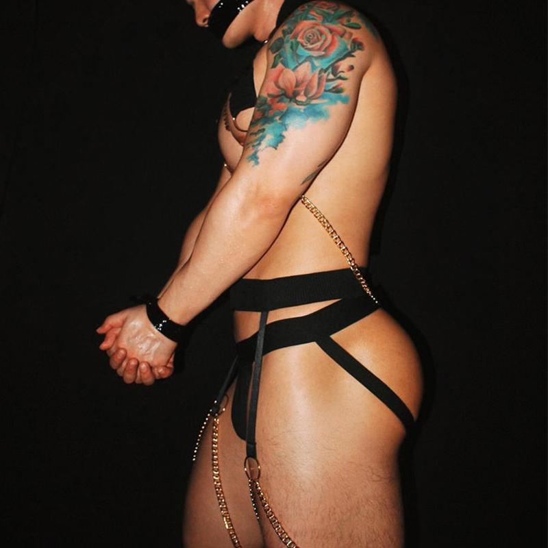 Men's Sexy Metal Halterneckchest Strap Harness Thong Set Open Chest Crop Top Strap-On Suspender Lingerie Adult Rave Accessories