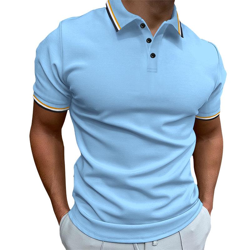 New Men's Slim POLO Shirt Ribbed Striped Lapel Buttons Solid Colour Splicing T-shirt Tops