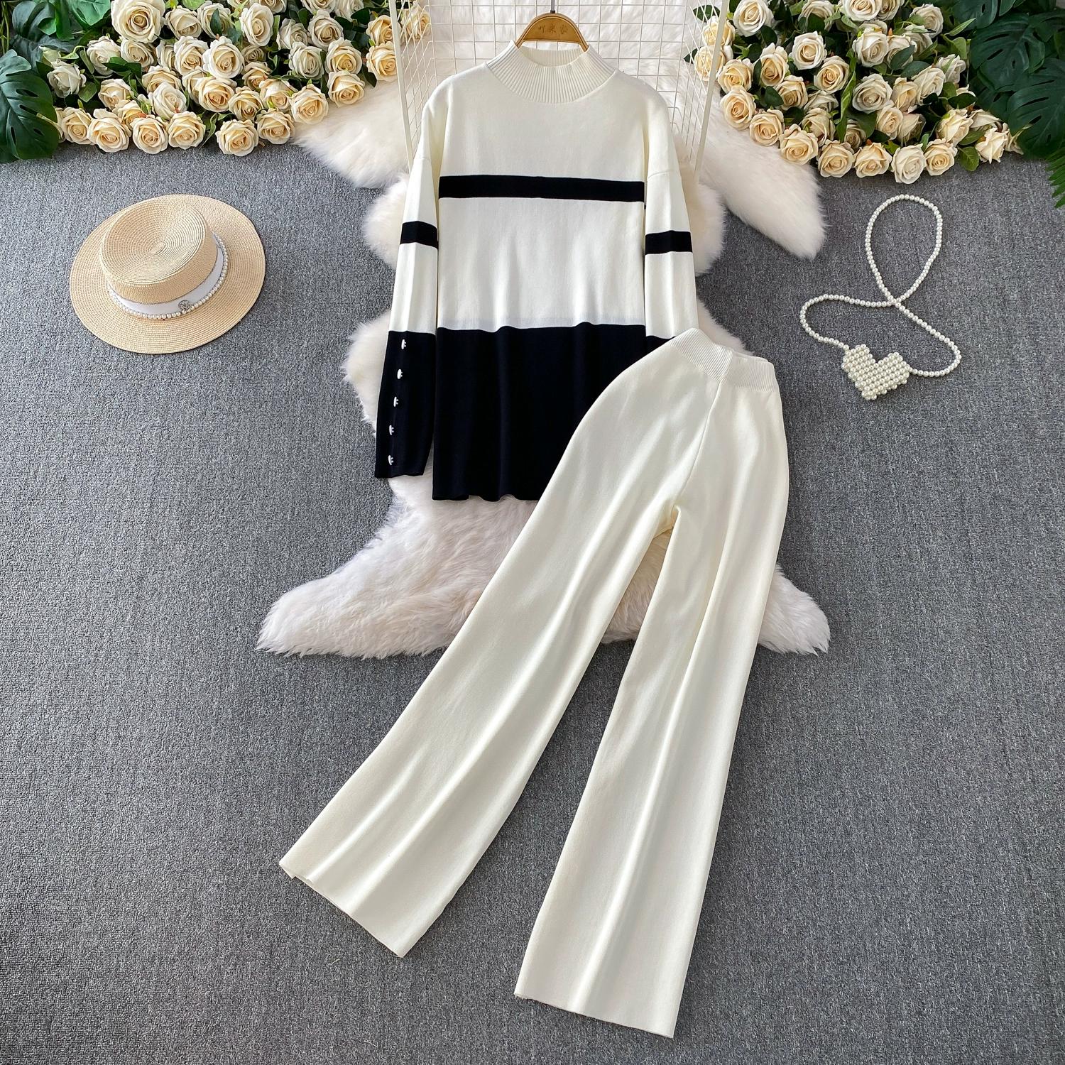 

Осень Зима Женский Повседневный Вязаный Свитер Брюки Костюм Двойка С Длинным Рукавом Пуловер Топы и Брюки Палаццо one size белый