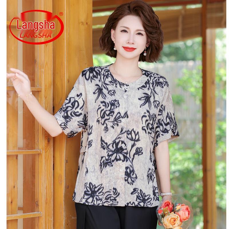LangSha Mid-Aged Women s Floral Cotton Linen Short Sleeve Top 4XL