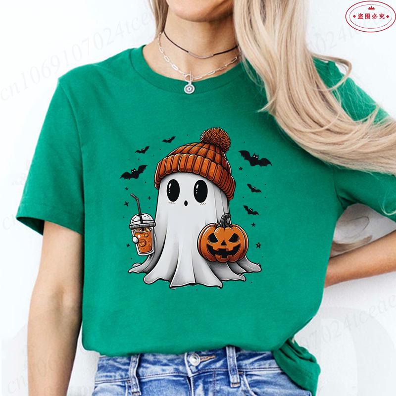 Little Boo Drinking Coffee Women T-Shirts Fashion Halloween Party Spooky Season Shirt Harajuku Graphic Tops Casual Streetwear
