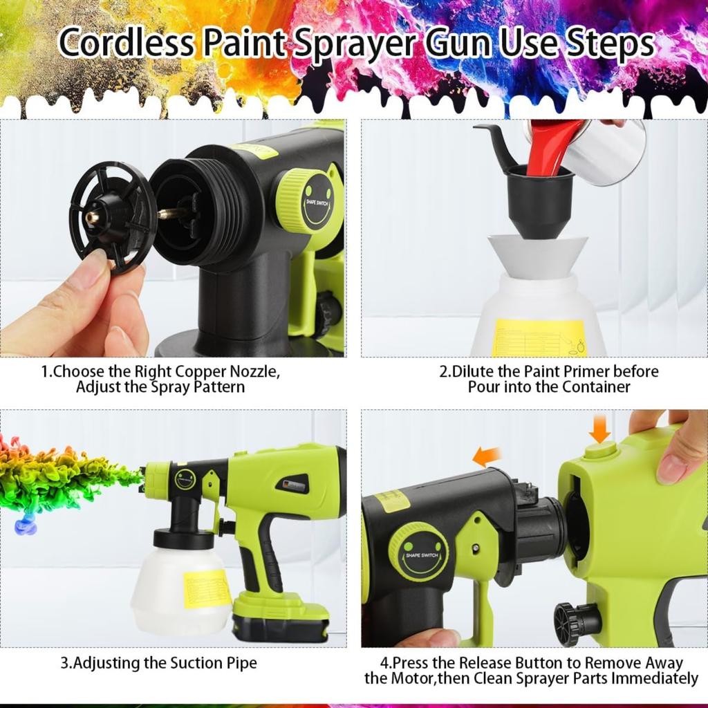 Paint Sprayer for Ryobi One+ Plus 18V Li-ion Battery,200W HVLP Brushless Motor Handheld Paint Sprayer Gun with 4 Size Nozzles 3 Patterns
