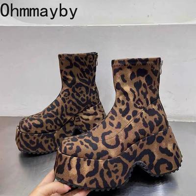 Punk Style Platform Heel Women Ankle Boots Fashion Elegant Leopard Print Shoes Autumn Winter Laides Concise Short Booties