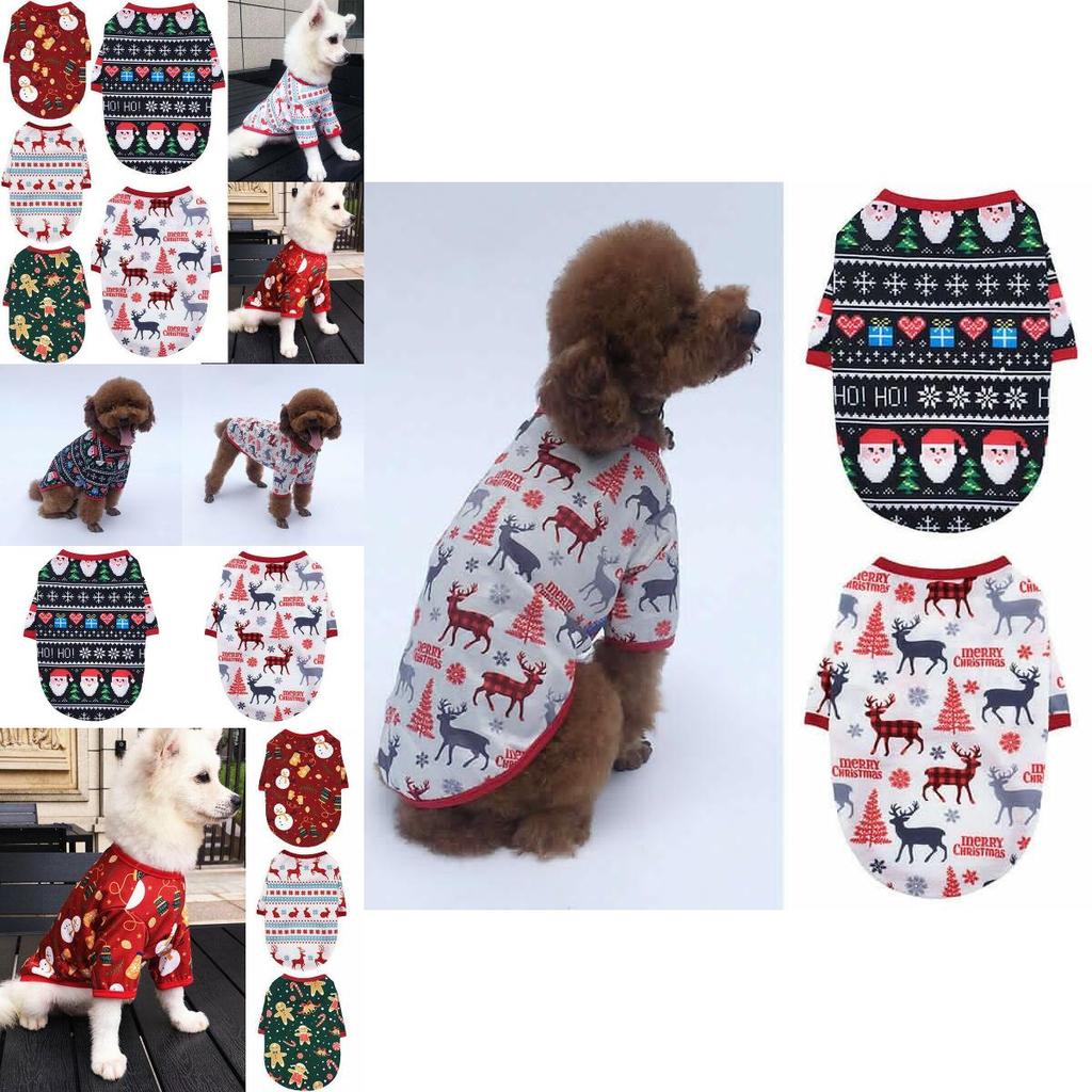 Adorable Christmas Pet T-shirt Coat For Dogs And Cats Featuring Festive Deer And Gingerbread Man