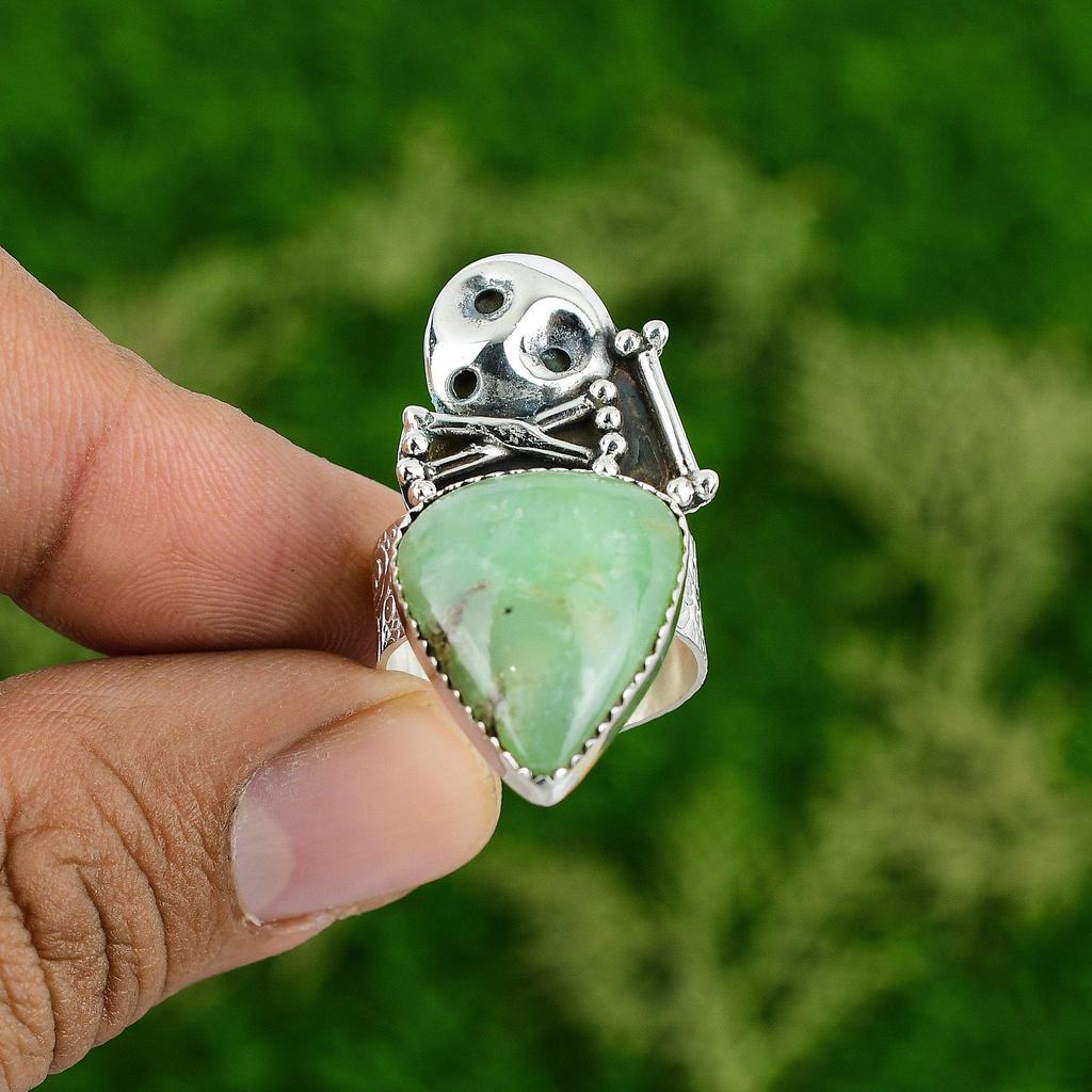Natural Chrysoprase Stackable Skull And Bone Adjustable Ring 925 Silver