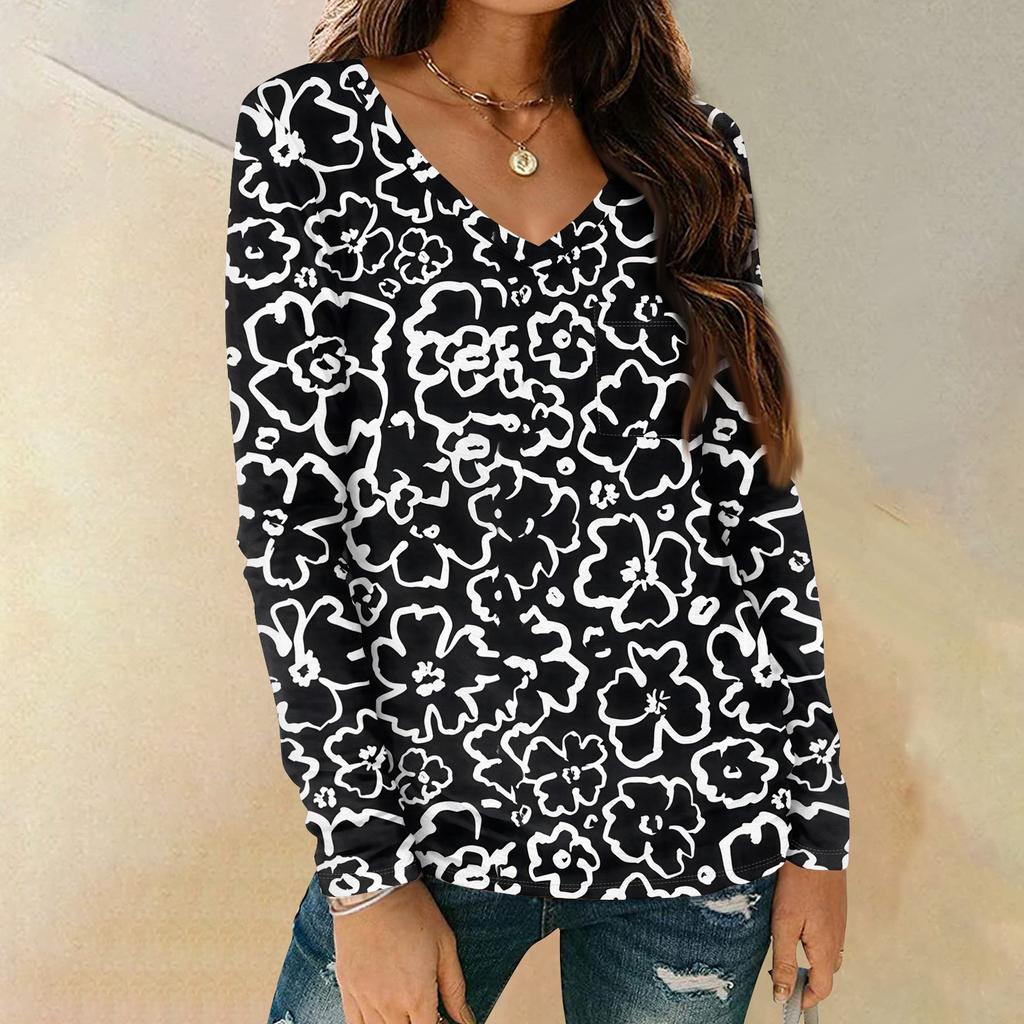 Modisches, lässiges Langarm-Oberteil mit Blumendruck und V-Ausschnitt für Damen mit Taschen