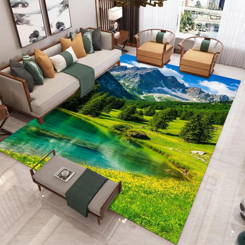 Realistyczny dywan 3D Santorini i Góra Śnieżna, naturalny krajobraz, mata, dywanik - nowoczesny wystrój domu do salonu, dywan do sypialni