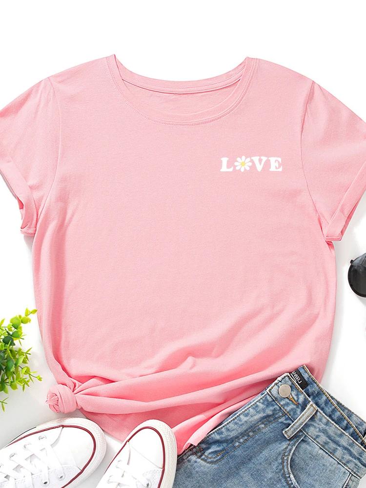 Brust Kleiner Gänseblümchen Liebesbrief Druck Damen T-Shirt Kurzarm O-Ausschnitt Locker Damen T-Shirt Damen T-Shirt Tops Camisetas Mujer