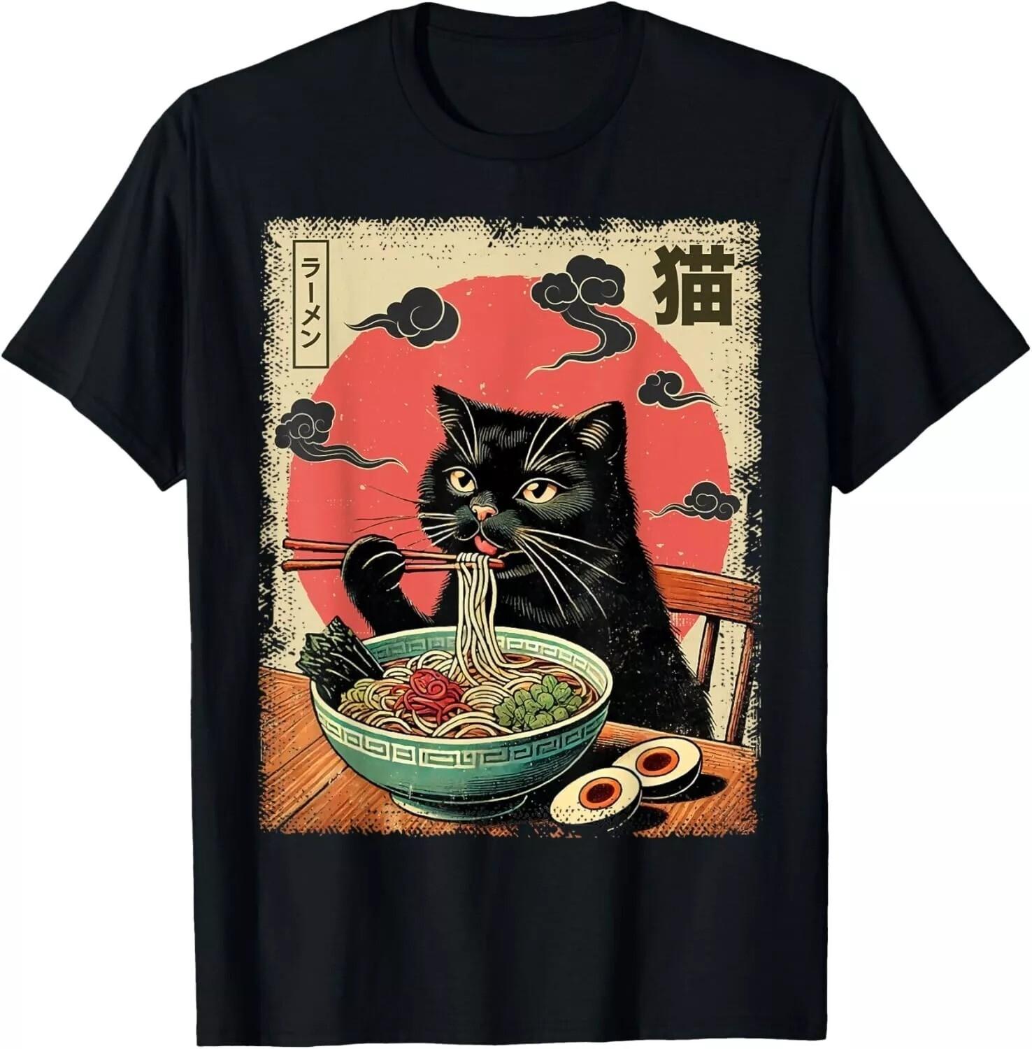 Cat Ramen Japanese Funny Graphic Tees Kawaii Cat Anime Gifts Unisex T-shirt XXL
