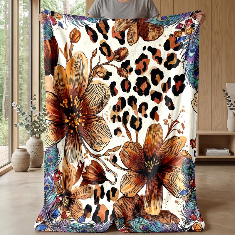 Floral Leopard Ribbon Theme Blanket Lightweight Warm Flannel Blanket Decorative Throw Blanket for Home Decoration