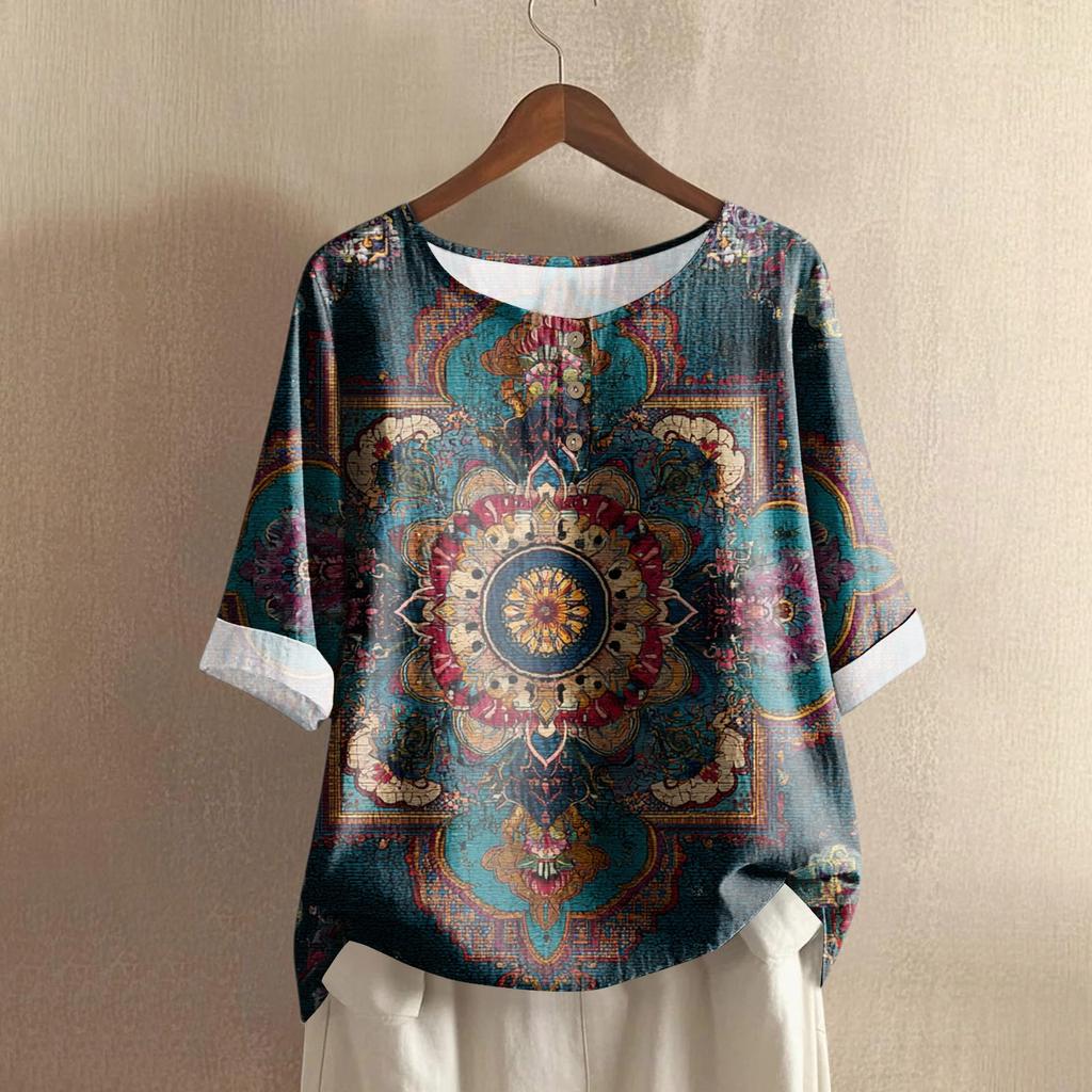 Women's Casual Mid-sleeve Round Neck Retro Floral Print Cotton And Linen Top
